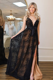 Black Lace A-Line V-Neck Empire Party Prom Dress With Slit