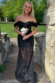 Black Lace Off-Shoulder Sleeveless Prom Dress