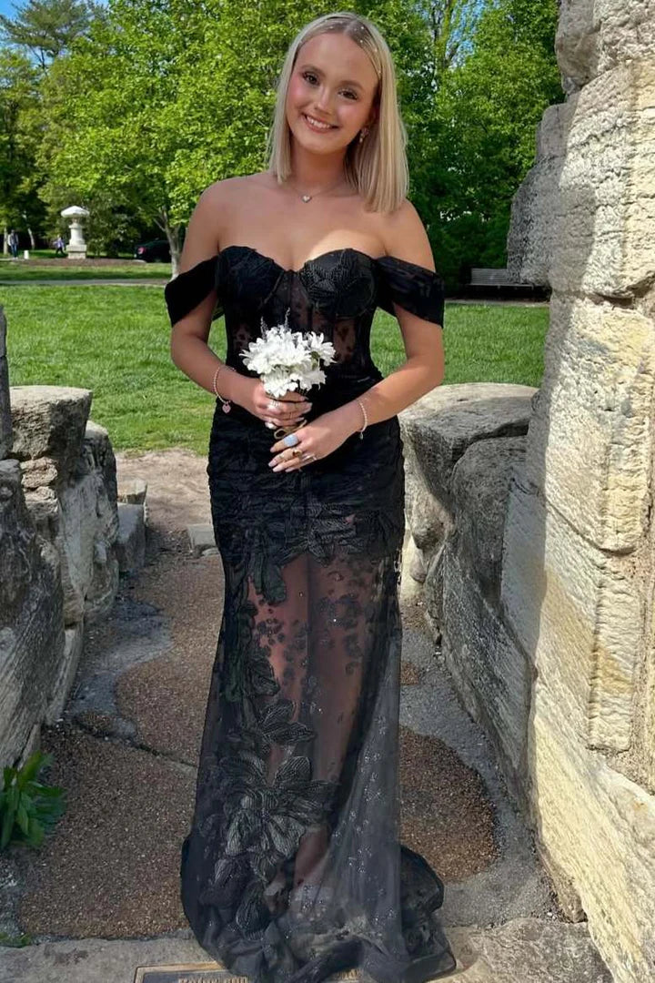 Black Lace Off-Shoulder Sleeveless Prom Dress