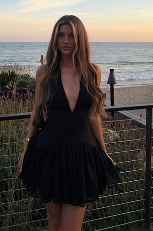 Black Low V-Neck Halter Backless Satin A-Line Homecoming Dress