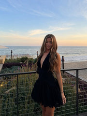 Black Low V-Neck Halter Backless Satin A-Line Homecoming Dress