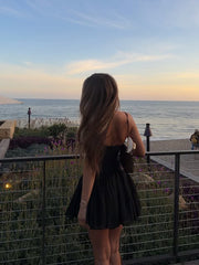 Black Low V-Neck Halter Backless Satin A-Line Homecoming Dress