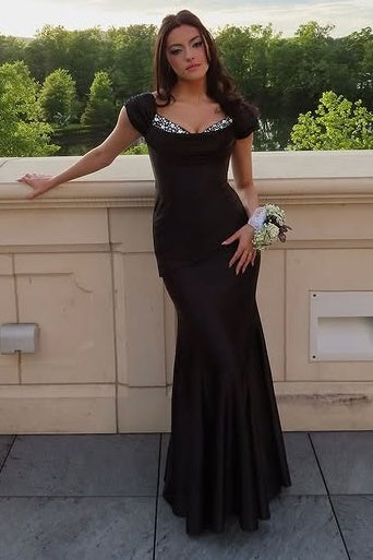 Black Mermaid Cap Sleeves Beaded Party Prom Dress