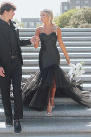 Black Mermaid Sweetheart Strapless Party Prom Dress With Tiered Train