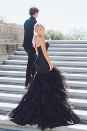 Black Mermaid Sweetheart Strapless Party Prom Dress With Tiered Train