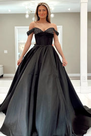 Black Off-Shoulder A-Line Beaded Prom Party Dress