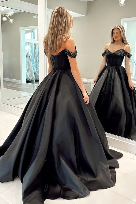 Black Off-Shoulder A-Line Beaded Prom Party Dress