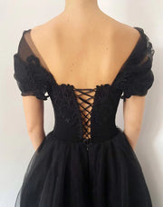 Black Off-Shoulder Tulle A-Line Appliques Party Prom Dress