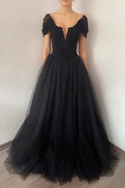 Black Off-Shoulder Tulle A-Line Appliques Party Prom Dress