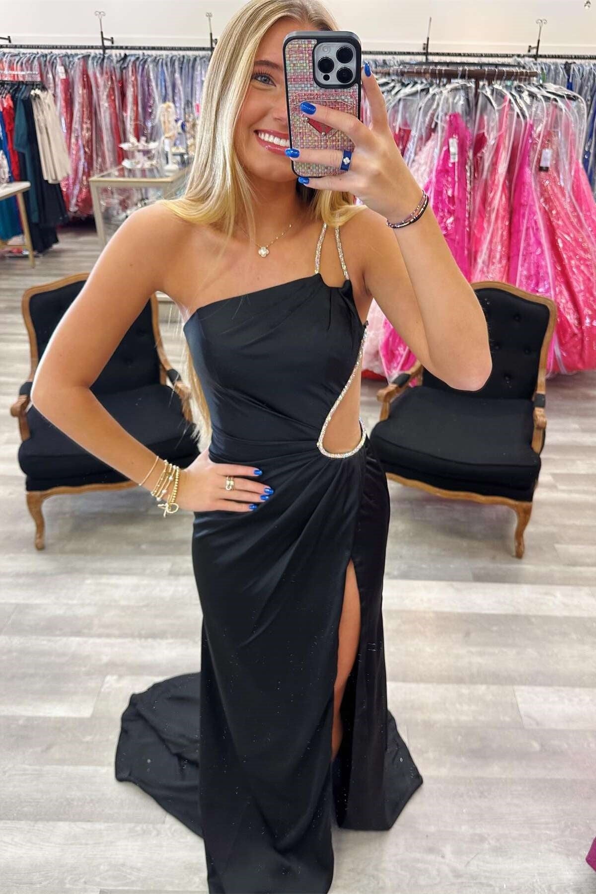 Black One Shoulder Sleeveless Mermaid Party Prom Dress With Slit