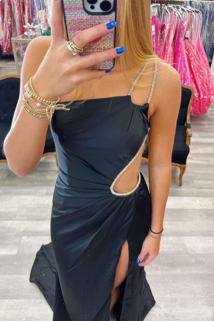 Black One Shoulder Sleeveless Mermaid Party Prom Dress With Slit