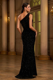 Black One Shoulder Sleeveless Ruched Empire Party Prom Dress