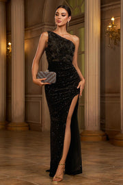 Black One Shoulder Sleeveless Ruched Empire Party Prom Dress