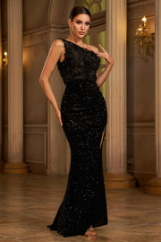 Black One Shoulder Sleeveless Ruched Empire Party Prom Dress