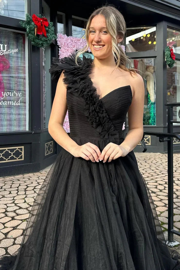Black One Shoulder Sleeveless Tulle A-Line Party Prom Dress