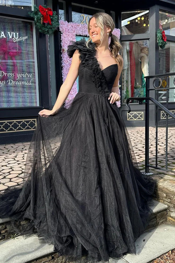 Black One Shoulder Sleeveless Tulle A-Line Party Prom Dress