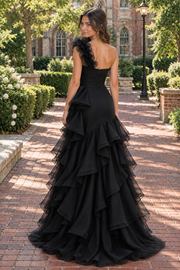 Black One Shoulder Tiered Tulle A-Line Split Evening Prom Dress