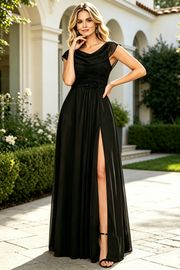 Black Round Sleeveless Chiffon A-Line Leg Slit Mother Of The Bride