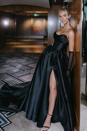 Black Satin A-Line Empire Strapless Party Prom Dress With Train