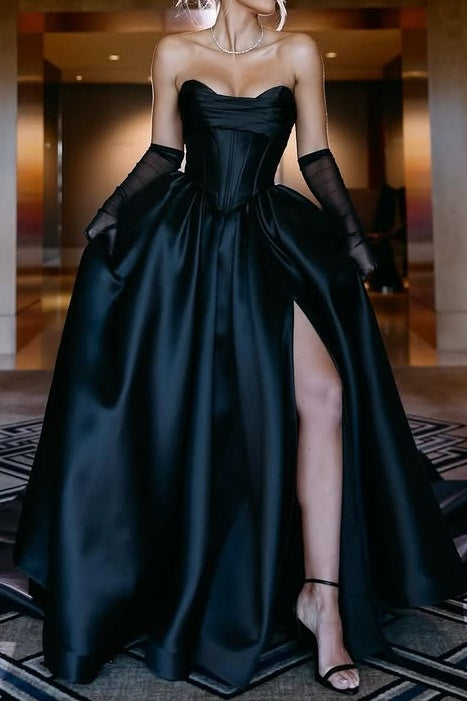 Black Satin A-Line Empire Strapless Party Prom Dress With Train