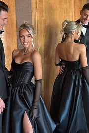 Black Satin A-Line Empire Strapless Party Prom Dress With Train