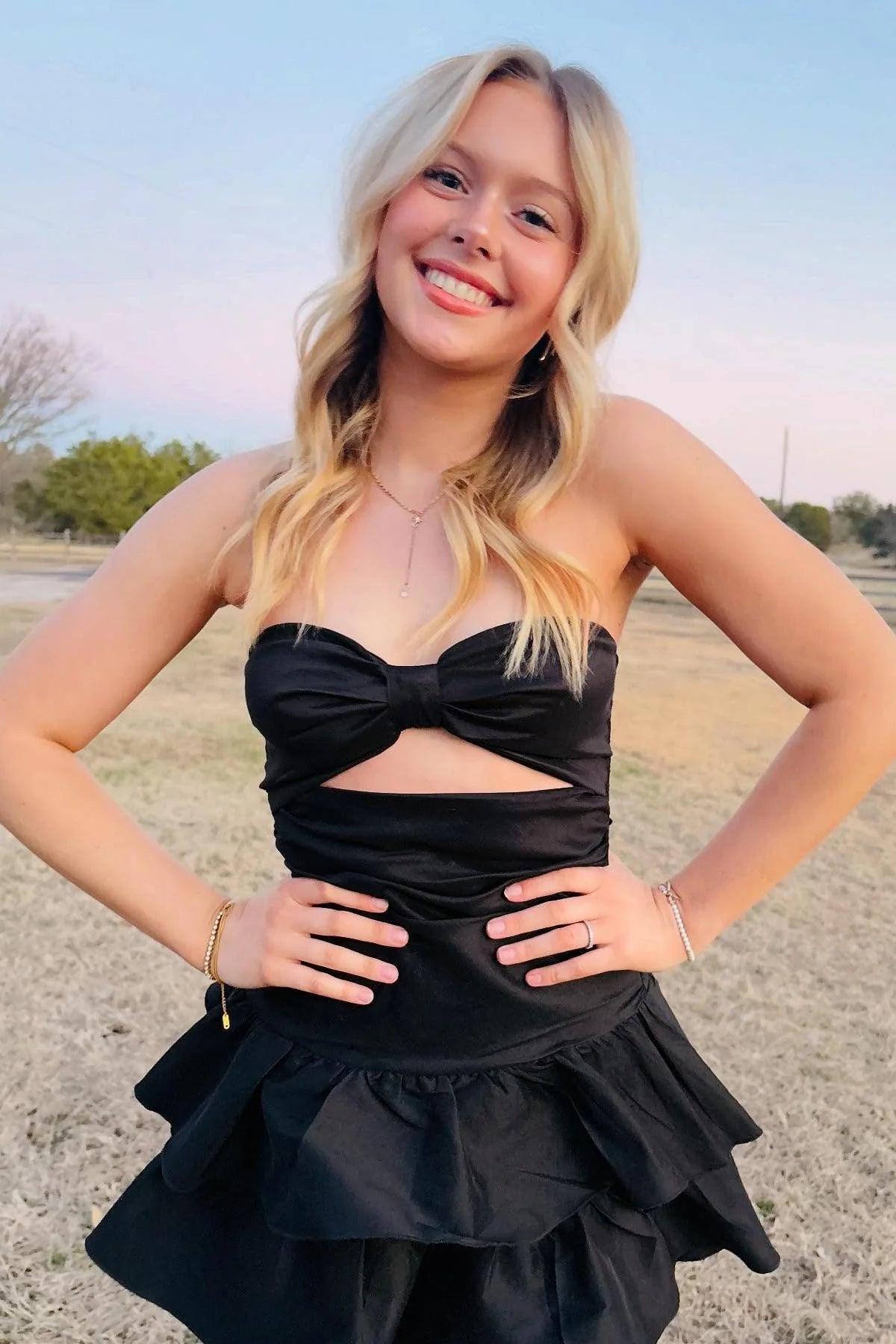 Black Satin A-Line Empire Tiered Mini Party Homecoming Dress