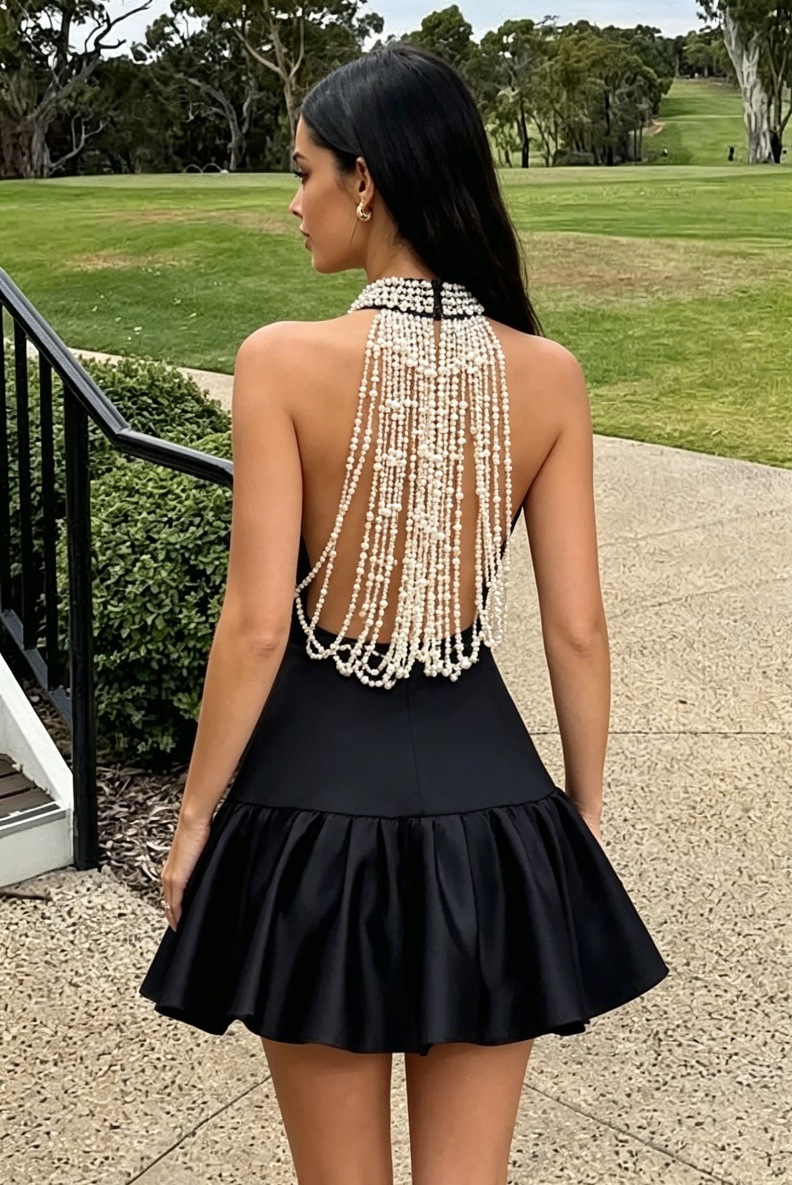 Black Satin A-Line High Neck Pearl Mini Party Homecoming Dress