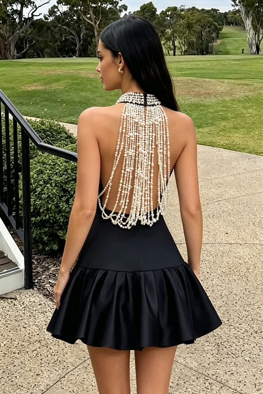 Black Satin A-Line High Neck Pearl Mini Party Homecoming Dress