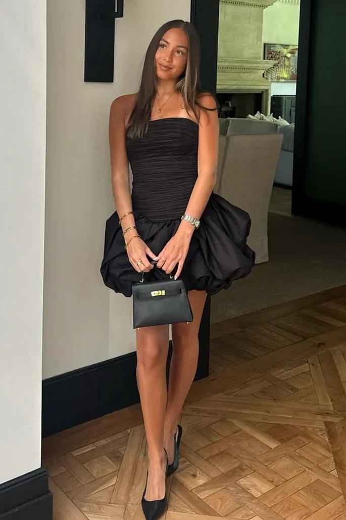 Black Satin A-Line Low Empire Strapless Short Homecoming Dress Black Satin A-Line Low Empire Strapless Short Homecoming Dress