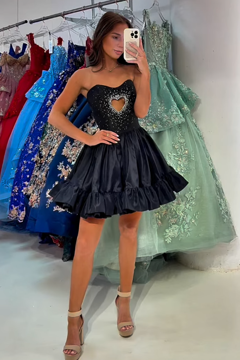 Black Satin A-Line Strapless Beaded Ruffle Homecoming Dress