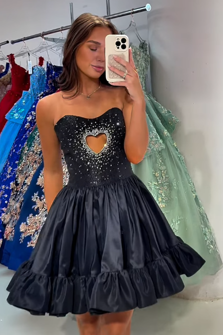 Black Satin A-Line Strapless Beaded Ruffle Homecoming Dress