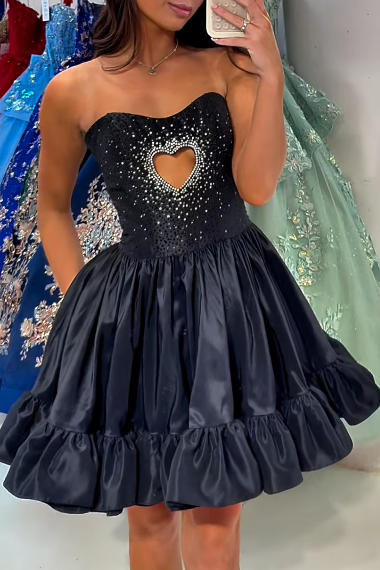 Black Satin A-Line Strapless Beaded Ruffle Homecoming Dress