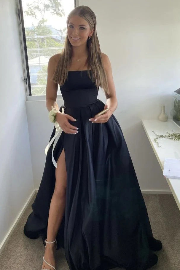 Black Satin A-Line Strapless Party Prom Dress With Slit