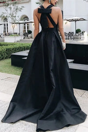 Black Satin A-Line V-Neck Sleeveless Formal Party Dress