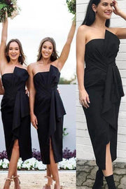 Black Satin Fitted Strapless Empire Ruched Bridesmaid Dress