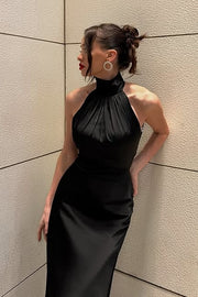 Black Satin High Neck Empire Sleeveless Party Evening Dress