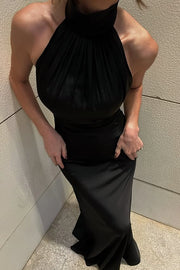 Black Satin High Neck Empire Sleeveless Party Evening Dress