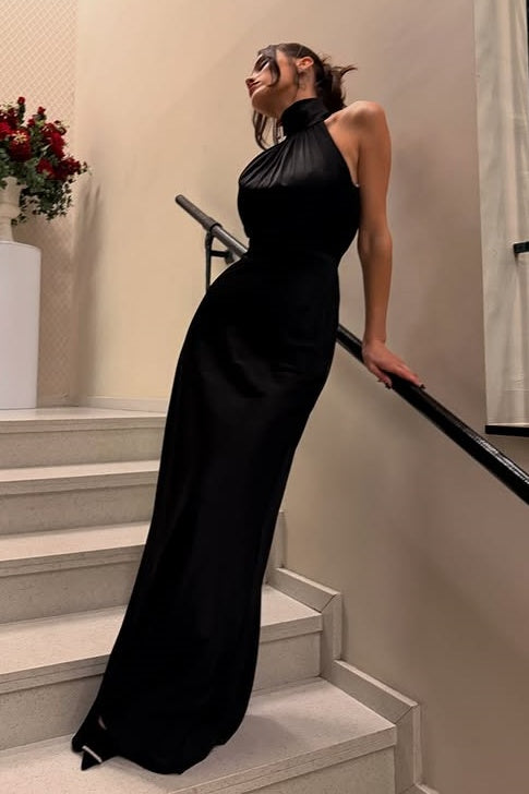 Black Satin High Neck Empire Sleeveless Party Evening Dress