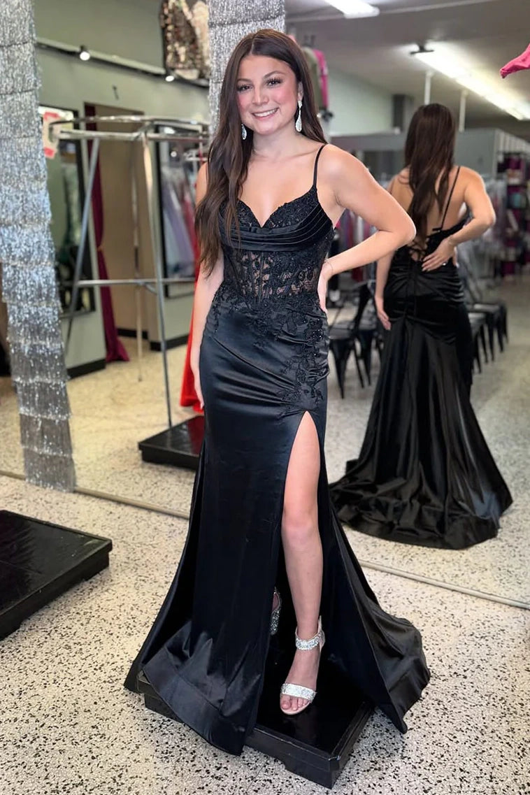 Black Satin Mermaid Lace Sleeveless Prom Party Dress With Slit