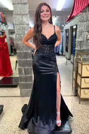 Black Satin Mermaid Lace Sleeveless Prom Party Dress With Slit
