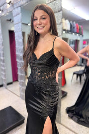 Black Satin Mermaid Lace Sleeveless Prom Party Dress With Slit