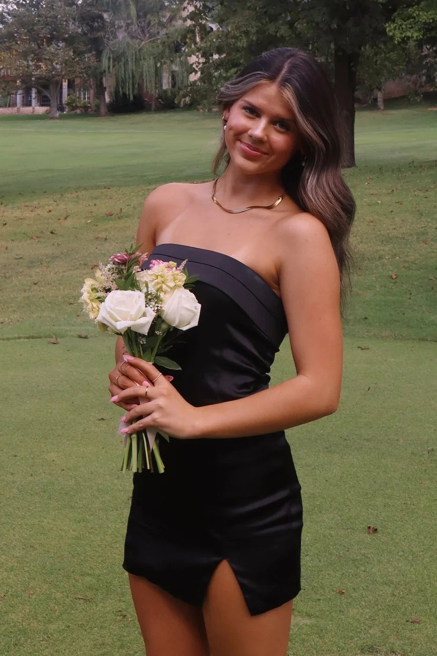 Black Satin Sheath Strapless Mini Party Homecoming Dress