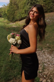 Black Satin Sheath Strapless Mini Party Homecoming Dress