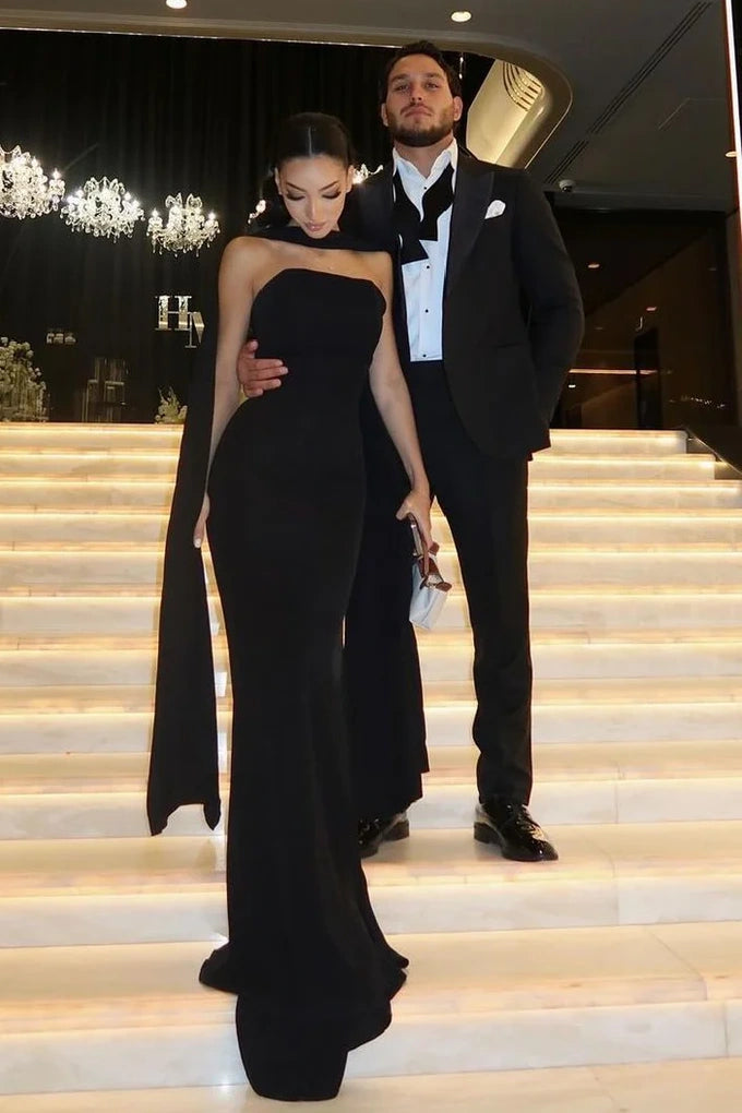 Black Satin Strapless Mermaid Long Prom Evening Dress