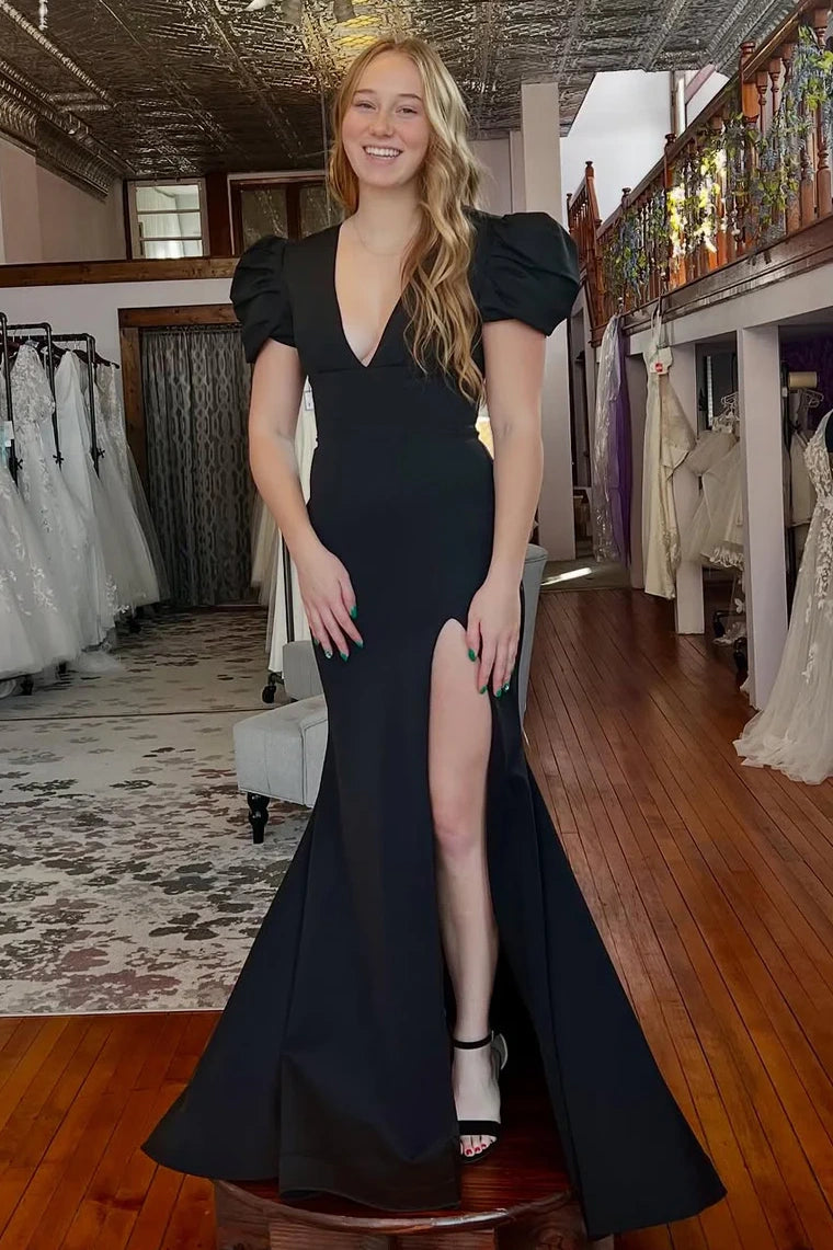 Black Satin V-Neck Short Sleeves Party Prom Dress With Leg Slit 