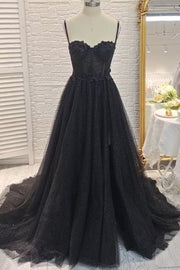 Black Spaghetti Straps Sweetheart Tulle A-Line Formal Prom Dress