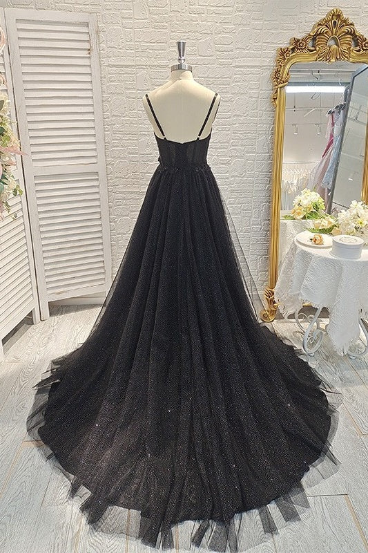 Black Spaghetti Straps Sweetheart Tulle A-Line Formal Prom Dress