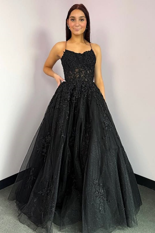 Black Sparkly Tulle A-Line Appliques Prom Dress