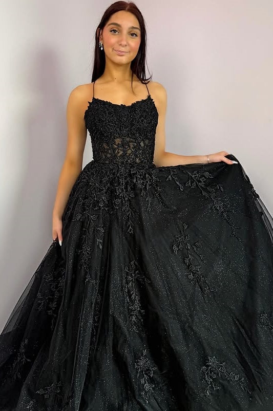 Black Sparkly Tulle A-Line Appliques Prom Dress