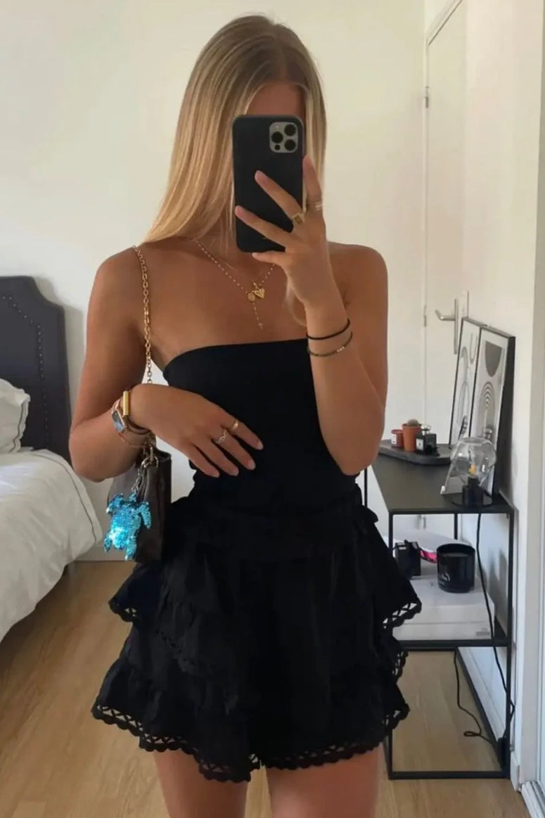 Black Strapless Empire Tiered A-Line Cute Homecoming Party Dress